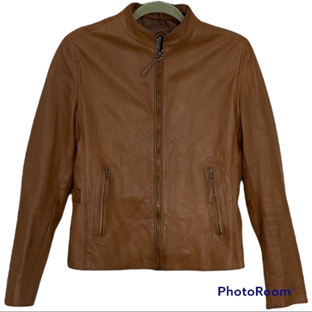 Tiboa Tan Soft Lamb Leather Short Zip Up Jacket Size Medium